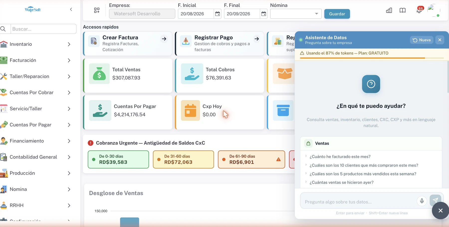 El Asistente de Datos abierto sobre el tablero del ERP, con las preguntas sugeridas de ventas y el campo para escribir o dictar.